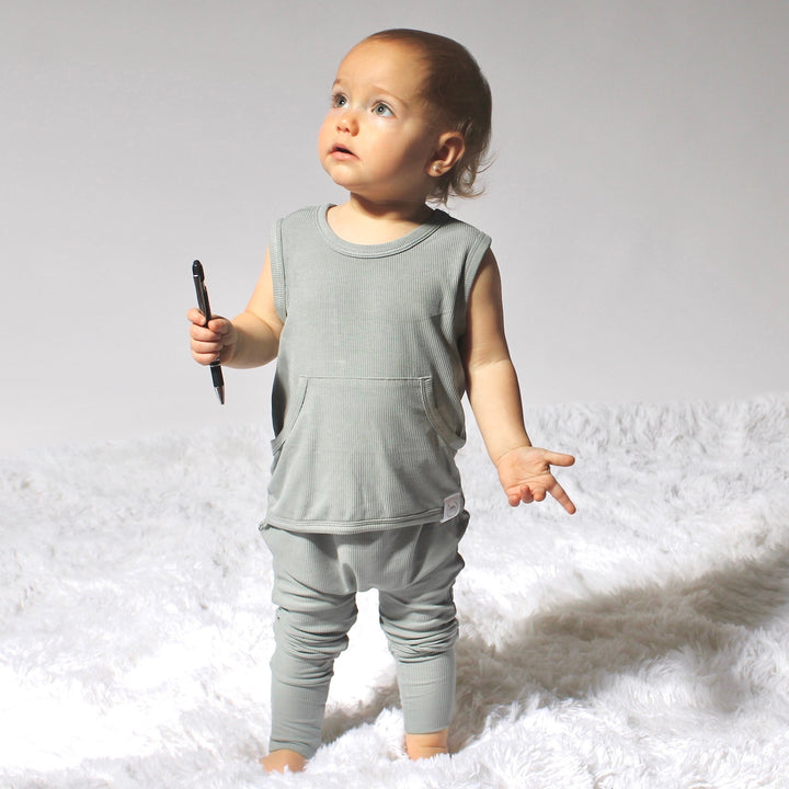 Front Opening Tank Romper in Eucalyptus Grey | Bamboo Viscose