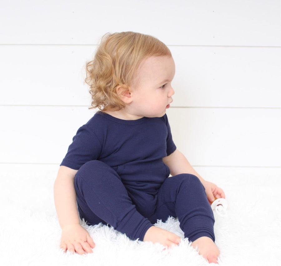 Front Opening Romper in Into The Blue | Ribbed Bamboo Viscose