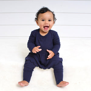 Front Opening Twirl Romper in Into the Blue | Ribbed Bamboo Viscose