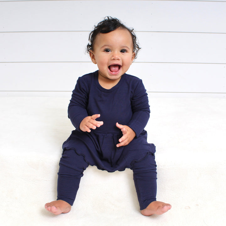 Front Opening Twirl Romper in Into the Blue | Ribbed Bamboo Viscose