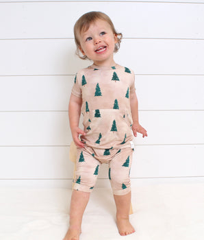 Front Opening Shortie Romper in Rustic Evergreens | Bamboo Viscose