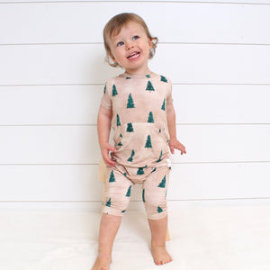 Front Opening Shortie Romper in Rustic Evergreens | Bamboo Viscose