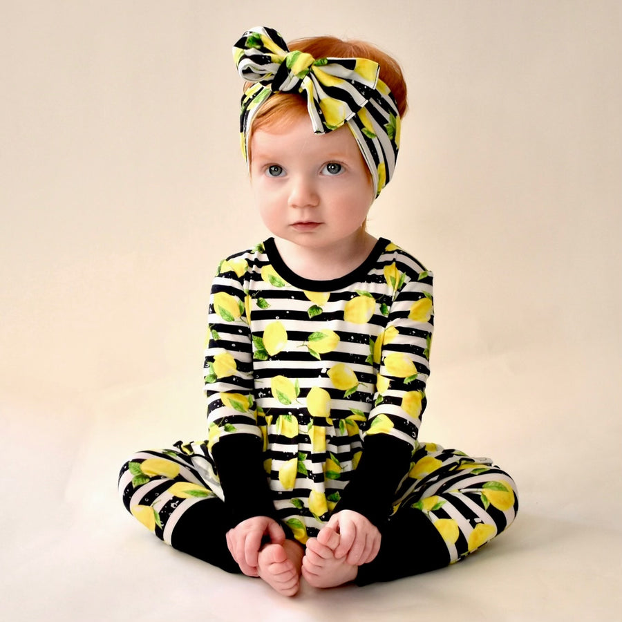 Front Opening Twirl Romper in Lemon Line | Bamboo Viscose