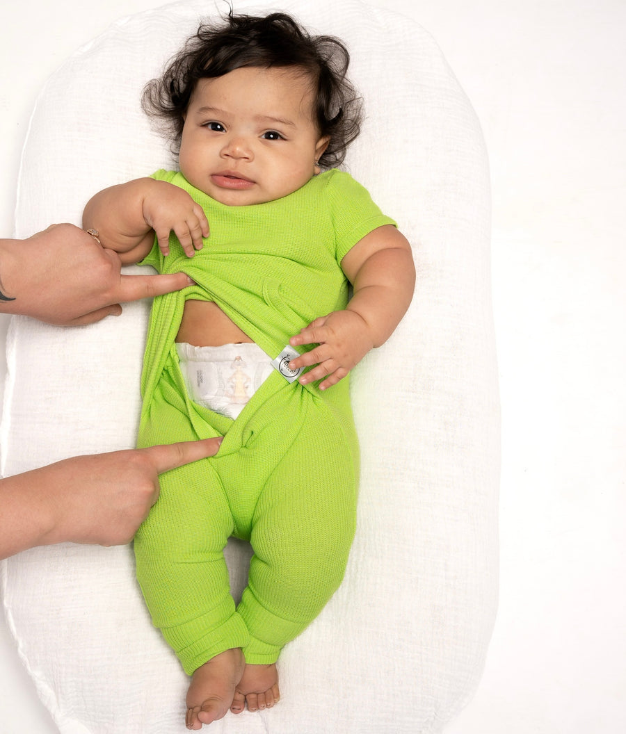Front Opening Romper in Lime | Waffle Bamboo Viscose