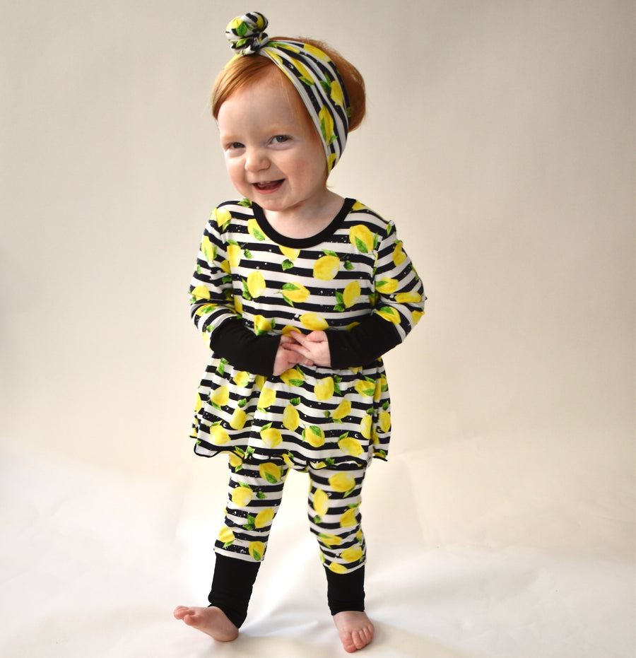 Front Opening Twirl Romper in Lemon Line | Bamboo Viscose