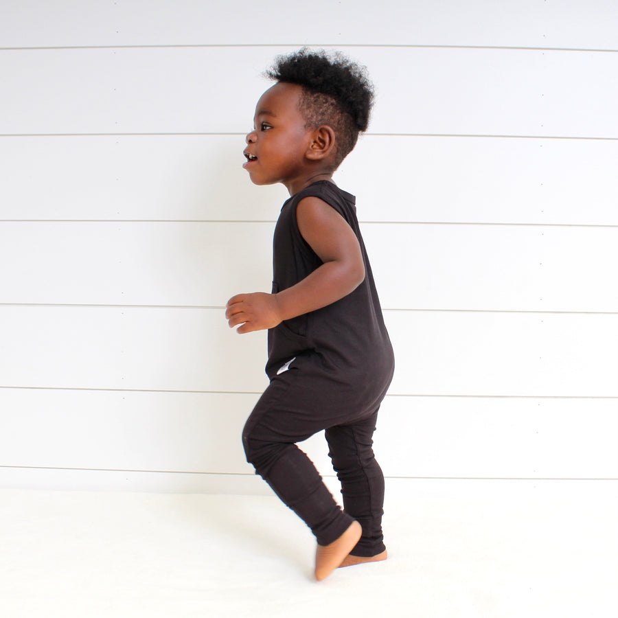 Front Opening Tank Romper in Essential Midnight | Ribbed Bamboo Viscose