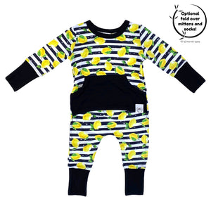 Front Opening Romper in Lemon Line | Bamboo Viscose