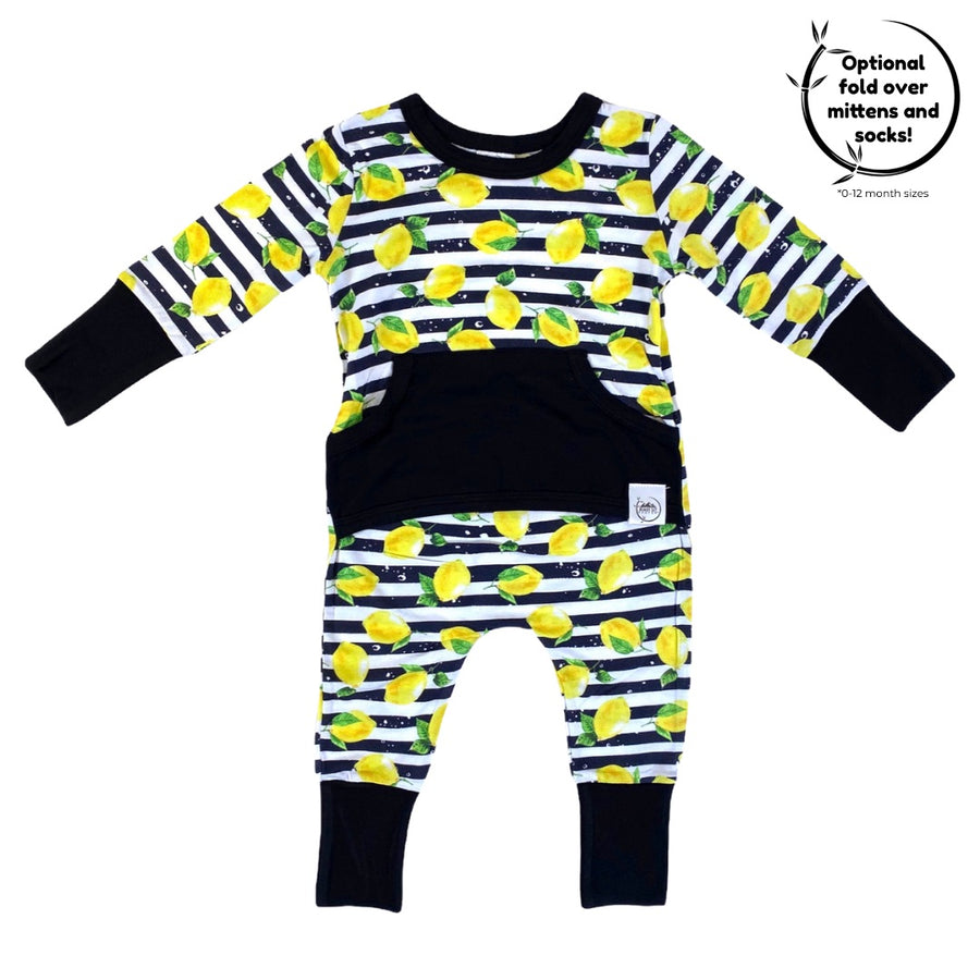 Front Opening Romper in Lemon Line | Bamboo Viscose
