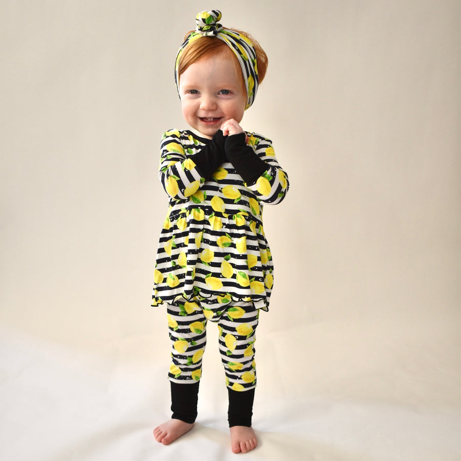 Front Opening Twirl Romper in Lemon Line | Bamboo Viscose