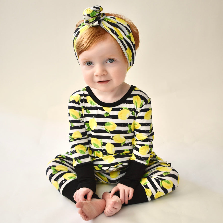 Front Opening Twirl Romper in Lemon Line | Bamboo Viscose