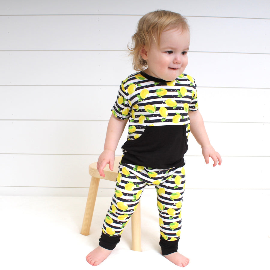 Front Opening Romper in Lemon Line | Bamboo Viscose