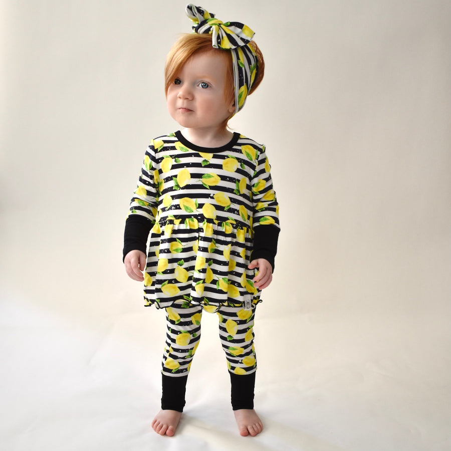Front Opening Twirl Romper in Lemon Line | Bamboo Viscose