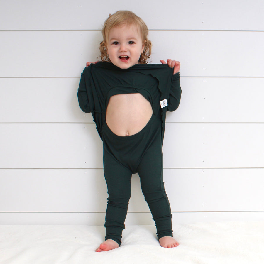 Front Opening Twirl Romper in Sage | Ribbed Bamboo Viscose