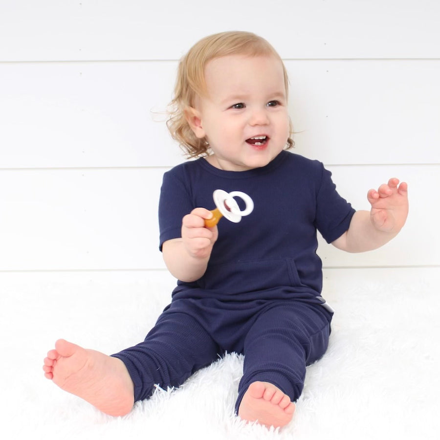 Front Opening Romper in Into The Blue | Ribbed Bamboo Viscose