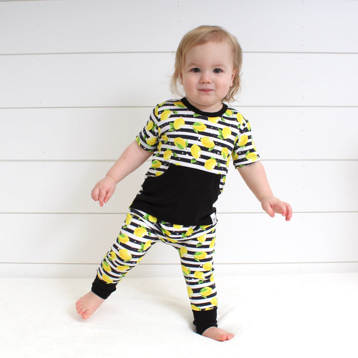Front Opening Romper in Lemon Line | Bamboo Viscose