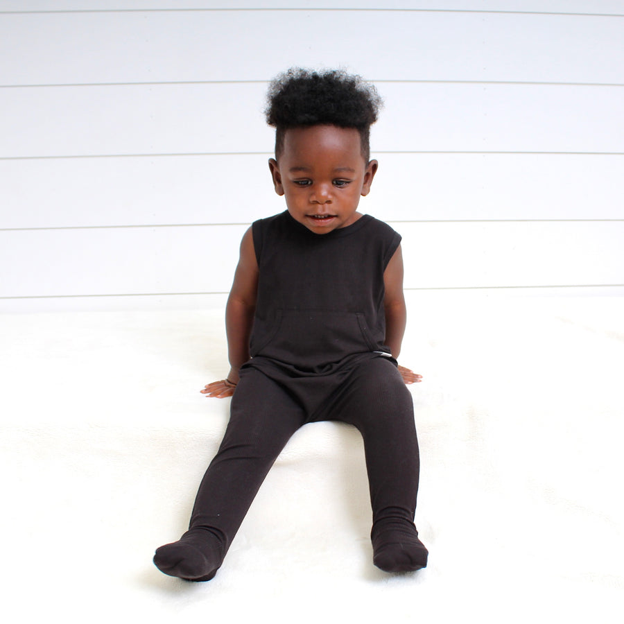 Front Opening Tank Romper in Essential Midnight | Ribbed Bamboo Viscose